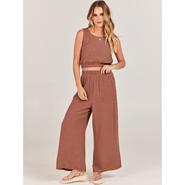 ANRABESS Women’s Summer 2 Piece Outfits Sleeveless Crop Top Tank and Wide Leg Pants Linen Jumpsuit Beach Vacation Sets Rust Small