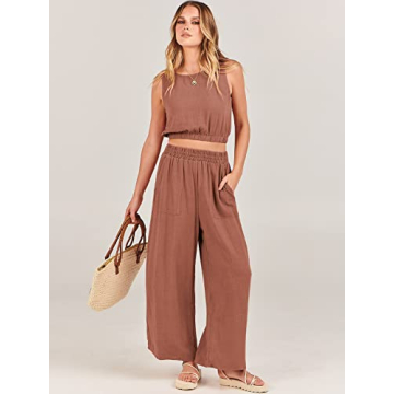 ANRABESS Women’s Summer 2 Piece Outfits Sleeveless Crop Top Tank and Wide Leg Pants Linen Jumpsuit Beach Vacation Sets Rust Small