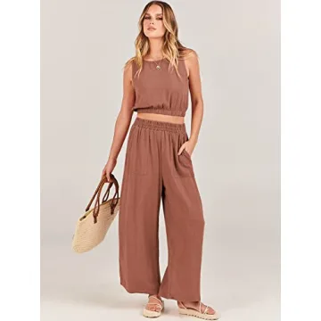 ANRABESS Women’s Summer 2 Piece Outfits Sleeveless Crop Top Tank and Wide Leg Pants Linen Jumpsuit Beach Vacation Sets Rust Small
