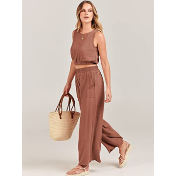 ANRABESS Women’s Summer 2 Piece Outfits Sleeveless Crop Top Tank and Wide Leg Pants Linen Jumpsuit Beach Vacation Sets Rust Small