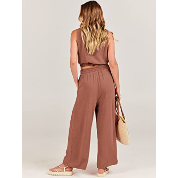 ANRABESS Women’s Summer 2 Piece Outfits Sleeveless Crop Top Tank and Wide Leg Pants Linen Jumpsuit Beach Vacation Sets Rust Small