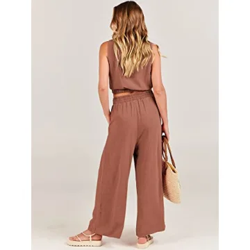 ANRABESS Women’s Summer 2 Piece Outfits Sleeveless Crop Top Tank and Wide Leg Pants Linen Jumpsuit Beach Vacation Sets Rust Small