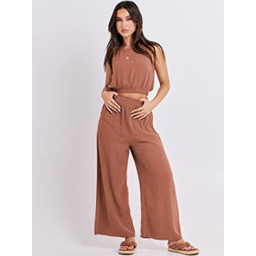 ANRABESS Women’s Summer 2 Piece Outfits Sleeveless Crop Top Tank and Wide Leg Pants Linen Jumpsuit Beach Vacation Sets Rust Small