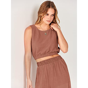 ANRABESS Women’s Summer 2 Piece Outfits Sleeveless Crop Top Tank and Wide Leg Pants Linen Jumpsuit Beach Vacation Sets Rust Small