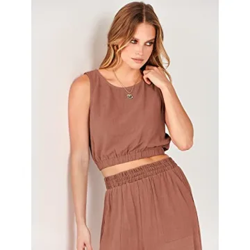 ANRABESS Women’s Summer 2 Piece Outfits Sleeveless Crop Top Tank and Wide Leg Pants Linen Jumpsuit Beach Vacation Sets Rust Small