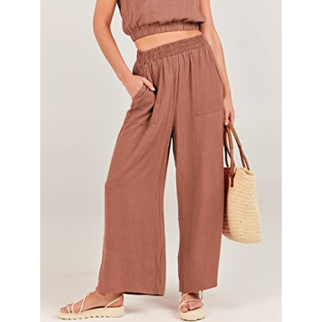 ANRABESS Women’s Summer 2 Piece Outfits Sleeveless Crop Top Tank and Wide Leg Pants Linen Jumpsuit Beach Vacation Sets Rust Small