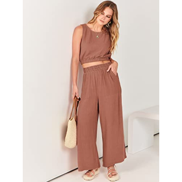 ANRABESS Women’s Summer 2 Piece Outfits Sleeveless Crop Top Tank and Wide Leg Pants Linen Jumpsuit Beach Vacation Sets Rust Small