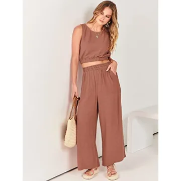 ANRABESS Women’s Summer 2 Piece Outfits Sleeveless Crop Top Tank and Wide Leg Pants Linen Jumpsuit Beach Vacation Sets Rust Small