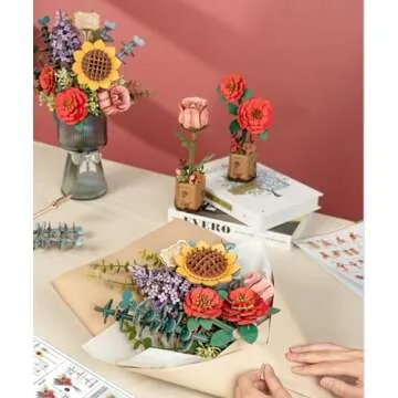 Rolife DIY Miniature House Kit Cathy's Greenhouse and 3D Wooden Puzzles Flower Bouquet Model Kit Building Set for Adults