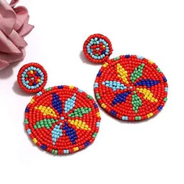 Beaded Drop Earrings Handmade Colorful Beads Stud Earrings Bohemian Statement Round Dangle Earrings