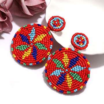 Beaded Drop Earrings Handmade Colorful Beads Stud Earrings Bohemian Statement Round Dangle Earrings