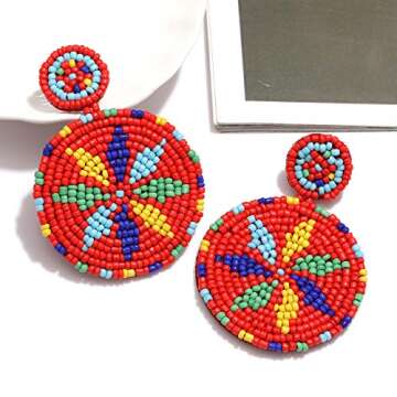Beaded Drop Earrings Handmade Colorful Beads Stud Earrings Bohemian Statement Round Dangle Earrings