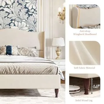koorlian Queen Size Bed Frame Upholstered Platform Bed with 51" Tall Headboard Wingback, Soft Fabric, Retro Simple Style Platform Bed No Box Spring Needed, Easy Assembly, Beige