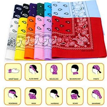 One Dozen/12pcs Assorted Bandanas 22X22 Inch 100% Cotton Novelty Double Sided Print Paisley Cowboy Bandana Party Favor Scarf Headband Handkerchiefs