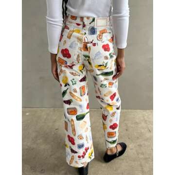 Muineobuka Women Y2k Fruit Print Jeans Graphic Print High Neck Straight Leg Denim Pants Aesthetic Je...