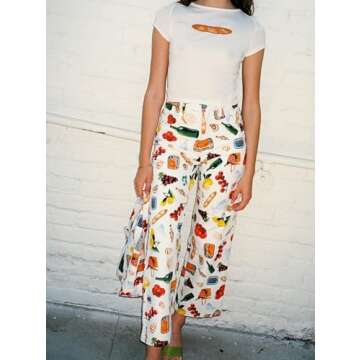 Muineobuka Women Y2k Fruit Print Jeans Graphic Print High Neck Straight Leg Denim Pants Aesthetic Jeans Summer Streetwear (Creamy-White, M)