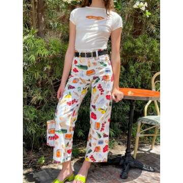 Muineobuka Women Y2k Fruit Print Jeans Graphic Print High Neck Straight Leg Denim Pants Aesthetic Jeans Summer Streetwear (Creamy-White, M)