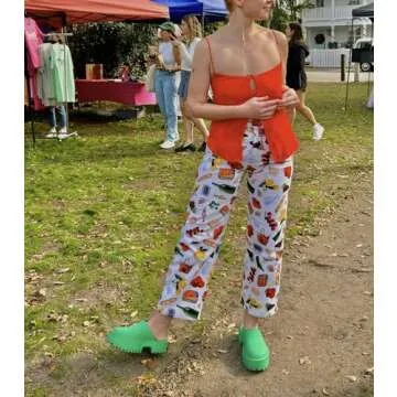 Muineobuka Women Y2k Fruit Print Jeans Graphic Print High Neck Straight Leg Denim Pants Aesthetic Jeans Summer Streetwear (Creamy-White, M)