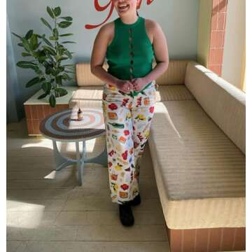 Muineobuka Women Y2k Fruit Print Jeans Graphic Print High Neck Straight Leg Denim Pants Aesthetic Jeans Summer Streetwear (Creamy-White, M)