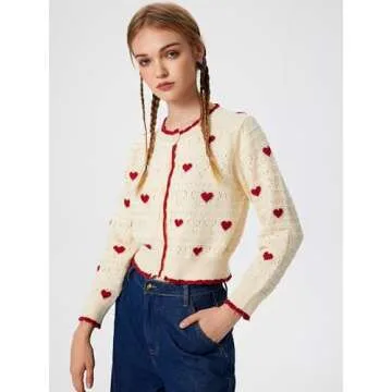 CIDER Women's Cardigan Crew Neck Heart Print Color Block Button Down Crop Top Long Sleeve Cute Cardigan: Ivory, M