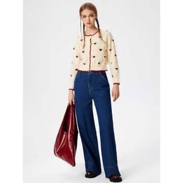 CIDER Women's Cardigan Crew Neck Heart Print Color Block Button Down Crop Top Long Sleeve Cute Cardigan: Ivory, M