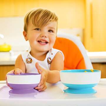 Munchkin Stay Put Bowls and Divided Plates for Baby and Toddler, 5 Pack, Blue/Green/Purple