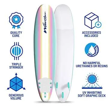 WAVESTORM Classic Soft Top Foam 8ft Surfboard | Surfboard for Beginners and All Surfing Levels | Complete Set Includes Leash and Multiple Fins | Heat Laminated