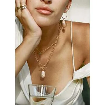 PEARLADA Large Baroque Pearl Pendant Necklace, 18k Gold Chunky Chain Link Necklace for Women, Statement Necklace with Toggle Clasp