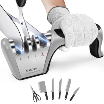 Longzon 4-in-1 Kitchen Knife Sharpener with Gloves