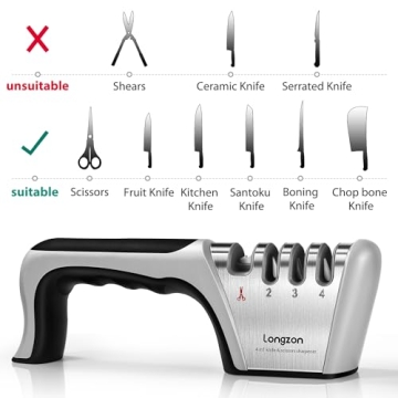 Longzon 4-in-1 Kitchen Knife Sharpener with Gloves