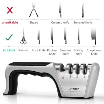 Longzon 4-in-1 Kitchen Knife Sharpener with Gloves