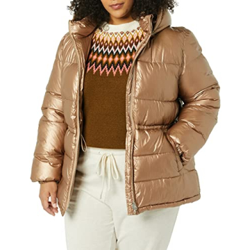 Amazon Essentials Women's Heavyweight Quilted Hooded Puffer Winter Jacket with Adjustable Waist, Metallic Taupe, Small