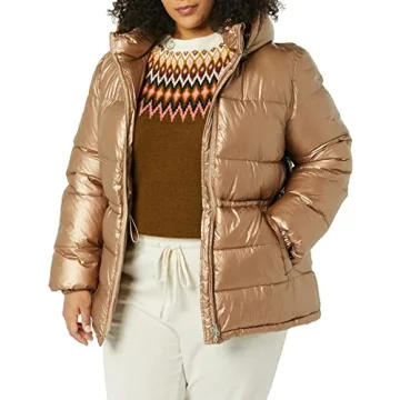Amazon Essentials Women's Heavyweight Quilted Hooded Puffer Winter Jacket with Adjustable Waist, Metallic Taupe, Small