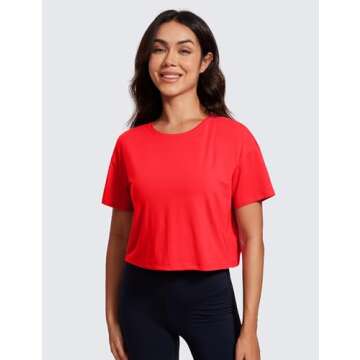 CRZ YOGA Open Back Short Sleeve Crop Top for Women Loose Athletic Yoga Workout Tops Casual Cropped Tee Shirts Deep Red Small
