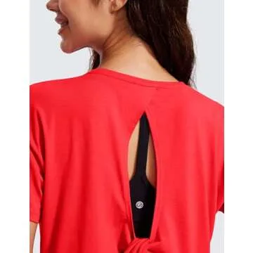 CRZ YOGA Open Back Short Sleeve Crop Top for Women Loose Athletic Yoga Workout Tops Casual Cropped Tee Shirts Deep Red Small