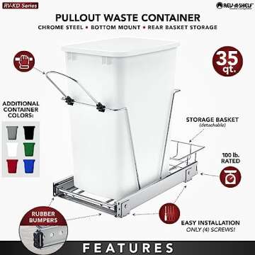 Rev-A-Shelf Pullout Trash Can for Kitchen Cabinets 35 Qt 12 Gallon Garbage Waste Recycling Bin w/Ful...