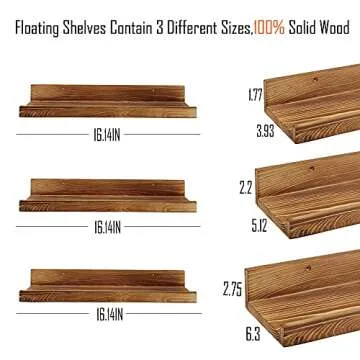 100% Solid Wood 16 Inch Floating Shelves for Wall Sets of 3 Rustic Wooden Picture Ledge Wall Shelf for Bedroom Kitchen Bathroom Living Room Nursery Book Shelves Display Rack 3 Different Sizes Brown