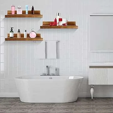 100% Solid Wood 16 Inch Floating Shelves for Wall Sets of 3 Rustic Wooden Picture Ledge Wall Shelf for Bedroom Kitchen Bathroom Living Room Nursery Book Shelves Display Rack 3 Different Sizes Brown