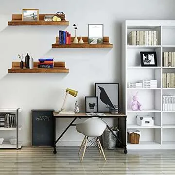 100% Solid Wood 16 Inch Floating Shelves for Wall Sets of 3 Rustic Wooden Picture Ledge Wall Shelf for Bedroom Kitchen Bathroom Living Room Nursery Book Shelves Display Rack 3 Different Sizes Brown