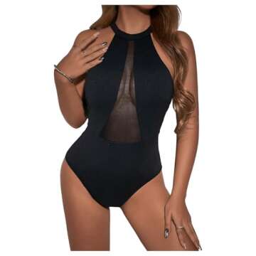 SweatyRocks Women's Sleeveless Scoop Neck High Cut Skinny Mesh Tank Top Bodysuit Solid Black M