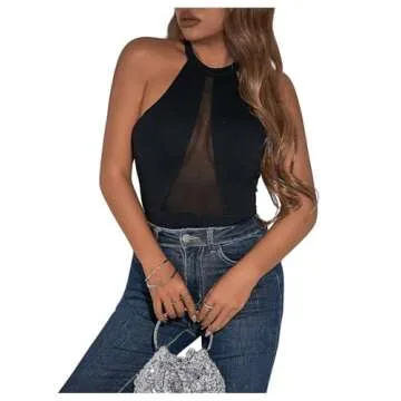 SweatyRocks Women's Sleeveless Scoop Neck High Cut Skinny Mesh Tank Top Bodysuit Solid Black M