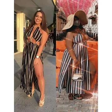 BIUBIU Women's Sexy Boho Floral Halter Summer Maxi Dress Beach Party Split Cover Up Swimsuit Outfit 2024 (Stripe,S)