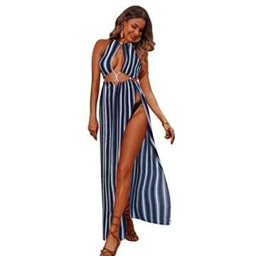 BIUBIU Women's Sexy Boho Floral Halter Summer Maxi Dress Beach Party Split Cover Up Swimsuit Outfit 2024 (Stripe,S)