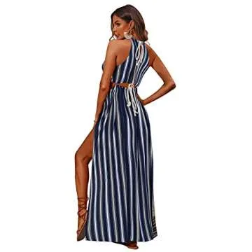 BIUBIU Women's Sexy Boho Floral Halter Summer Maxi Dress Beach Party Split Cover Up Swimsuit Outfit 2024 (Stripe,S)