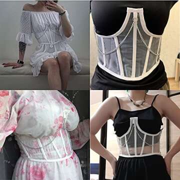 JUMISEE Women See Through Mesh Lace Up Bustier Corset Metal Chain Boned Overbust Waist Cincher Wide Belt