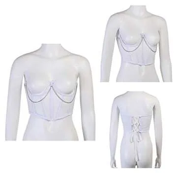 JUMISEE Women See Through Mesh Lace Up Bustier Corset Metal Chain Boned Overbust Waist Cincher Wide Belt