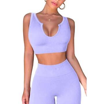 QINSEN Workout Sets for Women 2 Piece Ribbed Seamless Notch Neckline Padded Sport Bra High Waist Leggings GMY Yoga Outfit Light Purple XS