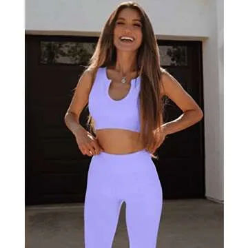 QINSEN Workout Sets for Women 2 Piece Ribbed Seamless Notch Neckline Padded Sport Bra High Waist Leggings GMY Yoga Outfit Light Purple XS