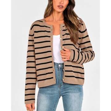 BTFBM Women's Cardigans Sweater 2024 Fall Striped Long Sleeve Button Down Crop Open Front Knit Outerwear Deco Pockets(Striped Camel Black, Medium)