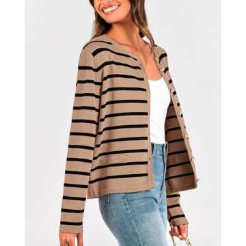BTFBM Women's Cardigans Sweater 2024 Fall Striped Long Sleeve Button Down Crop Open Front Knit Outerwear Deco Pockets(Striped Camel Black, Medium)